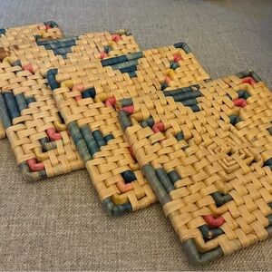 Woven StrawRattan hot pads or wall hangings with Multicolor Accent Vintage China